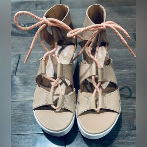 New Women’s Sz 6 Beige Sorel Cameron Flat Form Lace-Up Wedge Sandals